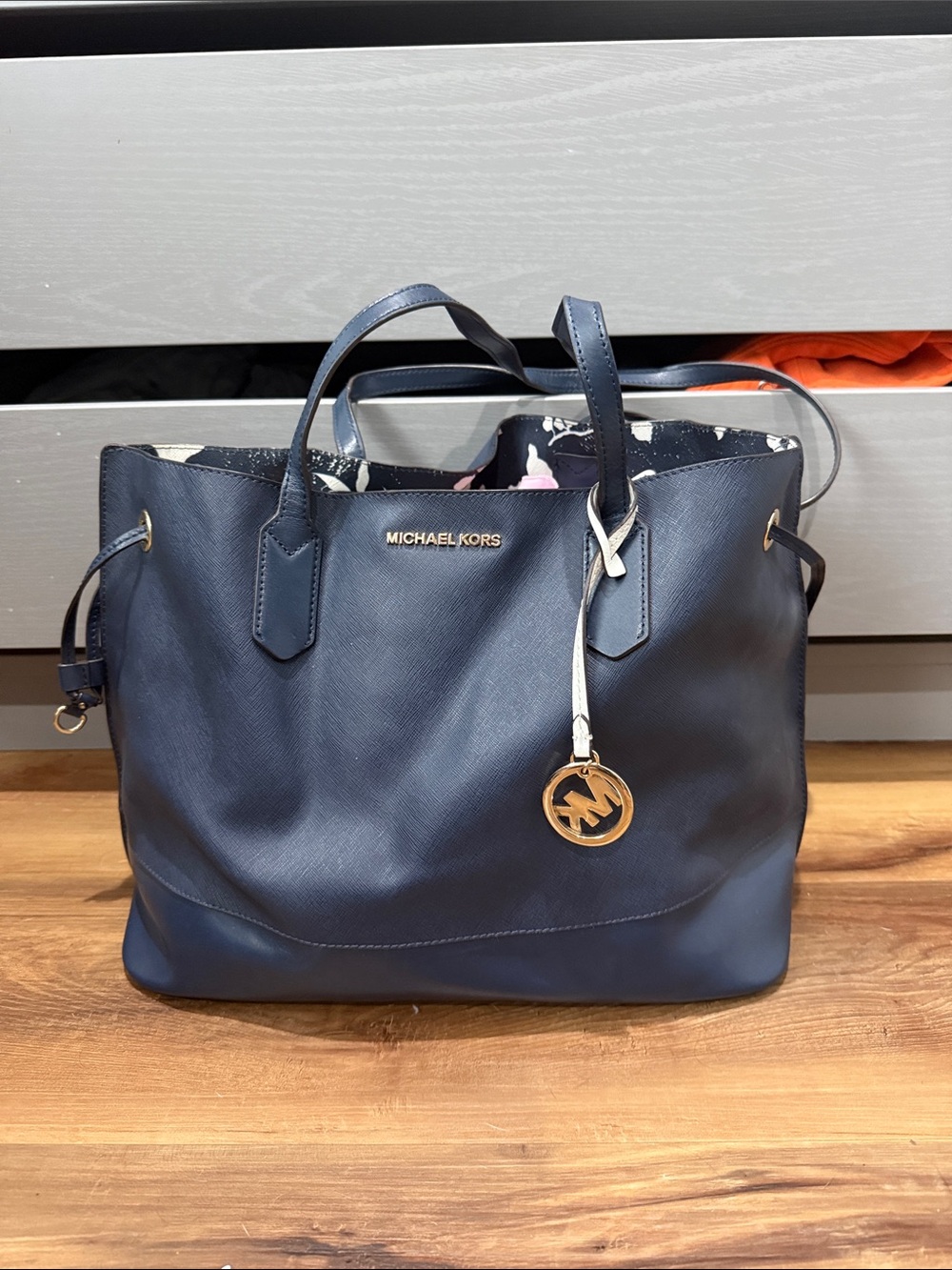 Michael Kors Navy Saffiano Leather Tote with Gold Logo Charm